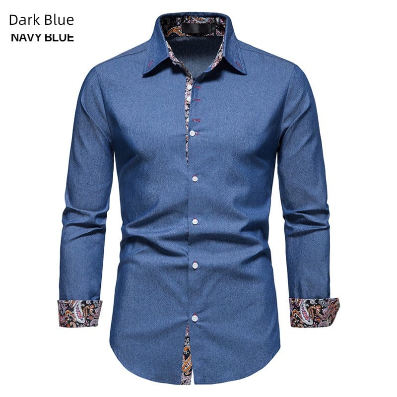 SHOWLU FASHION STORE Dark Blue / XXL Shirt Men's Dark Blue Lapel Long-Sleeved Thin Cloth Shirt