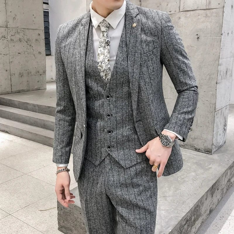 Showlu Fashion Store dark gray / Asian 4XL is US L 2023 Fashion New Men's Leisure Boutique Business Plaid Slim Suit 3 Pcs Set / Male Linen Striped Dress Blazers Jacket Pants Vest