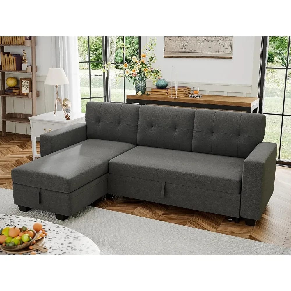  Showlu Fashion Store Dark Gray / United States Sofa Bed Reversible Convertible Sleeper Pull Out Couches with Storage Chaise, Linen Fabric Furniture for Living Room, Apartment