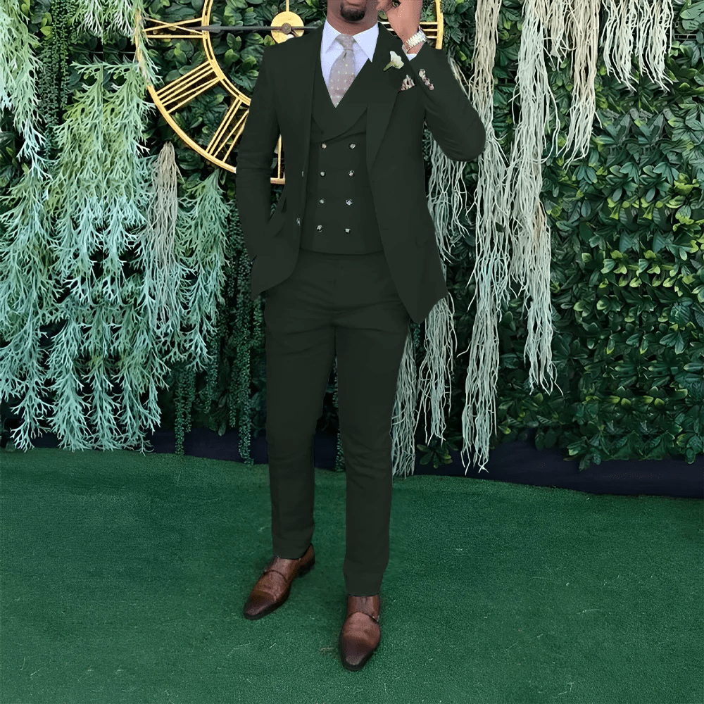 SHOWLU FASHION STORE Dark green / L(US40)(EU50) Men's 3-piece wedding suit, single-breasted jacket + vest + trousers, cocktail party, award ceremony and other formal occasions