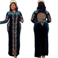  Showlu Fashion Store Dark Green / L Velvet Maxi Dress African Clothes For Women Letter Robe Africa Clothing Sequins O Neck Short Sleeve African Dresses Plus Size 4X