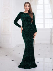 SHOWLU FASHION STORE Dark Green / XL Romagic Elegant Women Modest Stretch Sequin Royal Blue Wedding Prom Gown Long Sleeves Mermaid Formal Evening Party Dress 2024