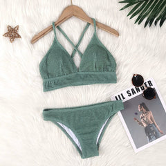  Showlu Fashion Store Dark green / XS code [recommended 45.00 kg-52.50 kg]] Small Discount Bikini Women's Fashion Thread Fitted Slimming and Simple Swimsuit Sexy Vacation Small Chest Separates Swimsuit