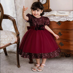 Showlu Fashion Store dark red / 70 (3-6M) Bow Christmas Baby Girl Dresse Infant Sequin 1st Birthday Red Party Wedding Prom Kids Dresses For Girl Lace Flower Princess Gown