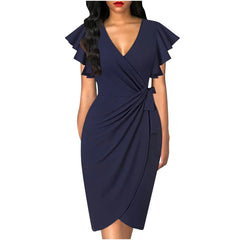 SHOWLU FASHION STORE darkblue / S Summer Elegant  Bodycom Dress Lady V-Neck Petal Sleeve Dress Solid Color Pleated Work Robe Clothes