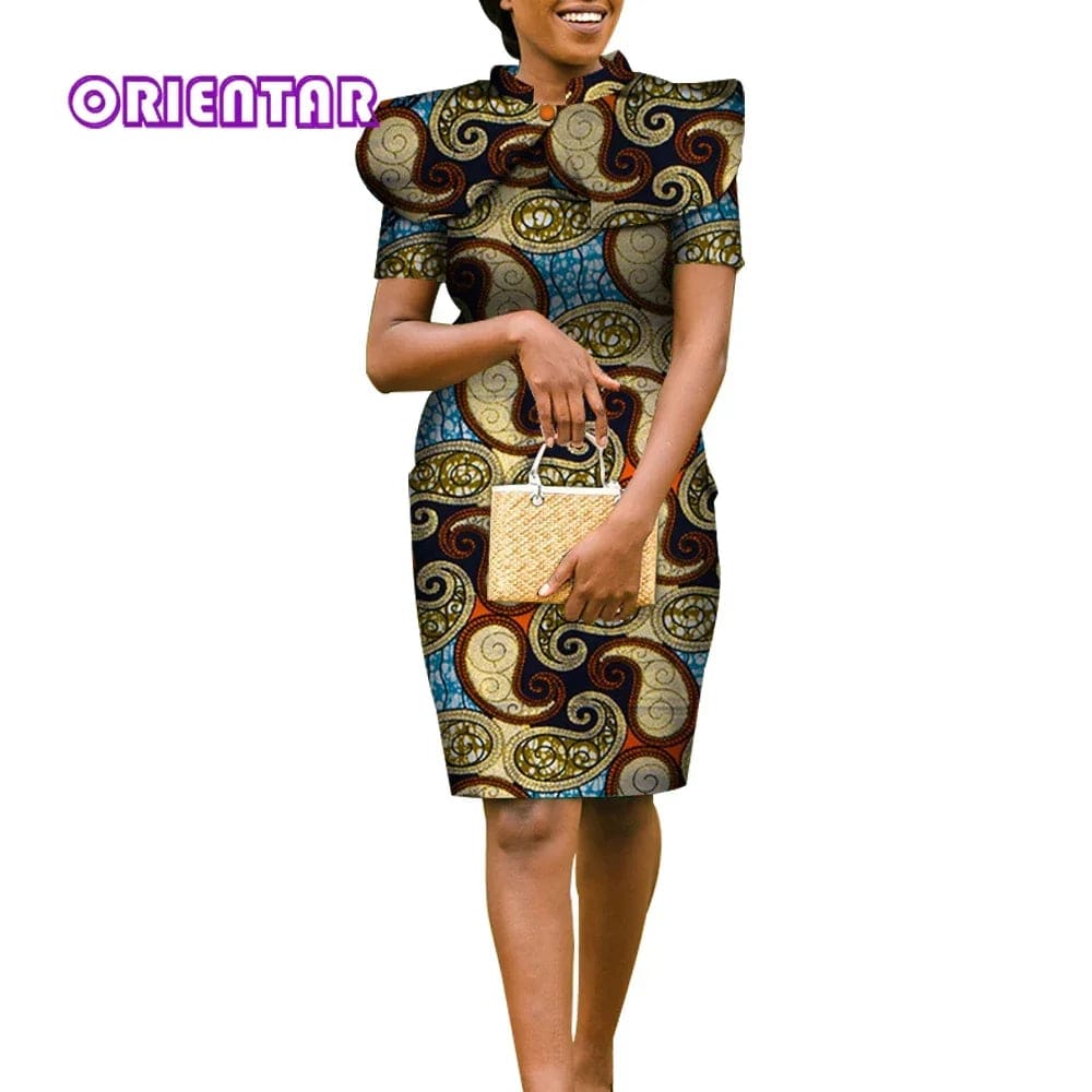 Orientar Women's African Dashiki Bronzing Dress with Shawl, Ankara Pencil style in gold dust with cape, by SHOWLU FASHION STORE.