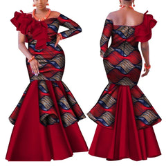 SHOWLU FASHION STORE Dashiki African Dress for Women Bazin Riche One-Shoulder Sexy Slash Neck Wedding Party Dress Traditional African Clothing WY4224