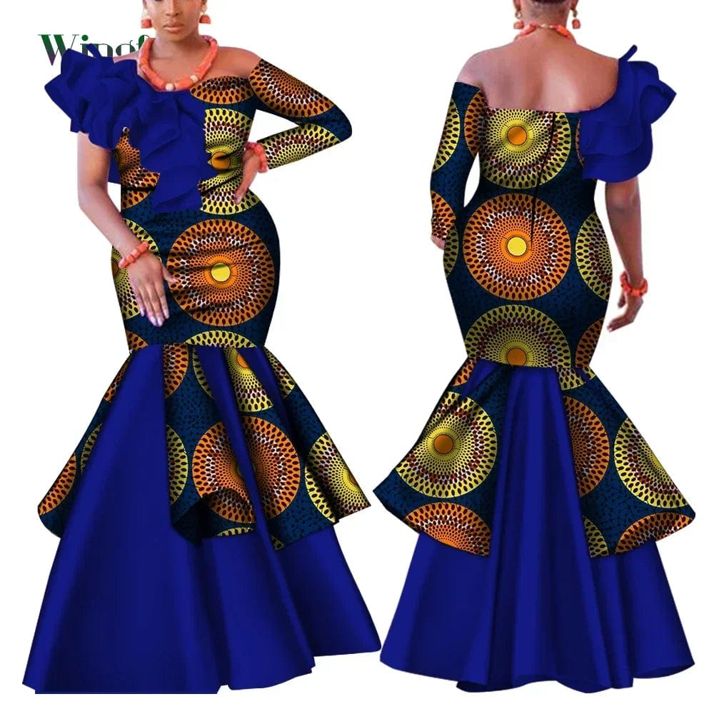 SHOWLU FASHION STORE Dashiki African Dress for Women Bazin Riche One-Shoulder Sexy Slash Neck Wedding Party Dress Traditional African Clothing WY4224