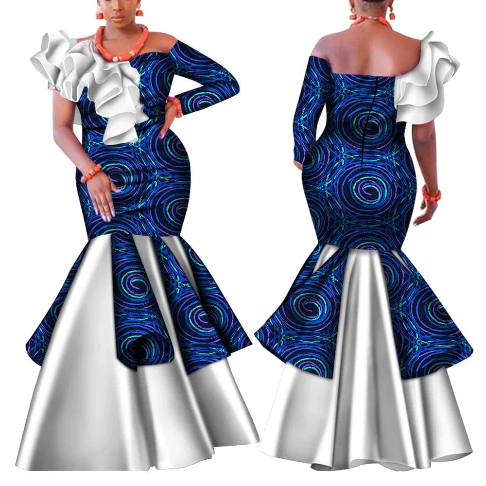 SHOWLU FASHION STORE Dashiki African Dress for Women Bazin Riche One-Shoulder Sexy Slash Neck Wedding Party Dress Traditional African Clothing WY4224