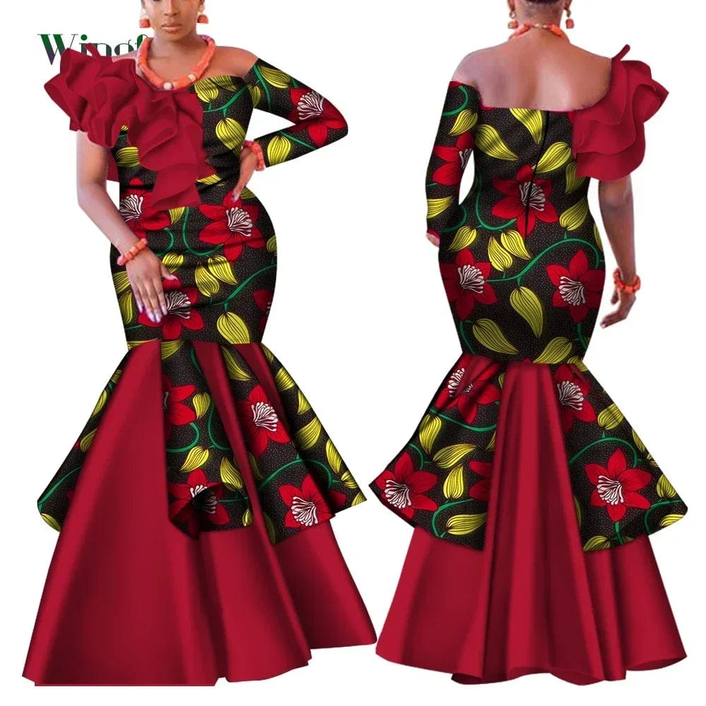 SHOWLU FASHION STORE Dashiki African Dress for Women Bazin Riche One-Shoulder Sexy Slash Neck Wedding Party Dress Traditional African Clothing WY4224