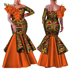 SHOWLU FASHION STORE Dashiki African Dress for Women Bazin Riche One-Shoulder Sexy Slash Neck Wedding Party Dress Traditional African Clothing WY4224