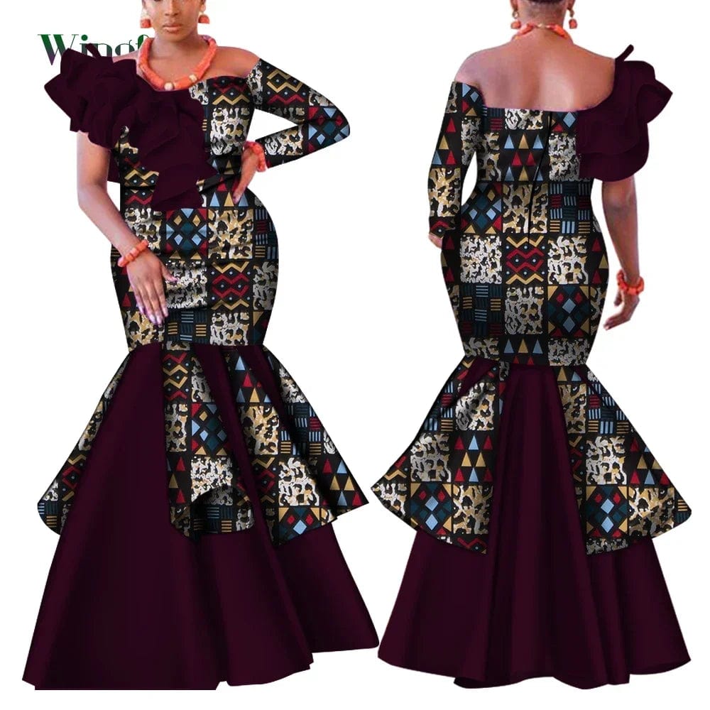 SHOWLU FASHION STORE Dashiki African Dress for Women Bazin Riche One-Shoulder Sexy Slash Neck Wedding Party Dress Traditional African Clothing WY4224