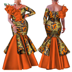 SHOWLU FASHION STORE Dashiki African Dress for Women Bazin Riche One-Shoulder Sexy Slash Neck Wedding Party Dress Traditional African Clothing WY4224