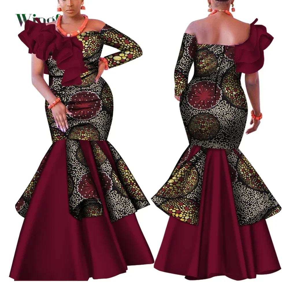 SHOWLU FASHION STORE Dashiki African Dress for Women Bazin Riche One-Shoulder Sexy Slash Neck Wedding Party Dress Traditional African Clothing WY4224