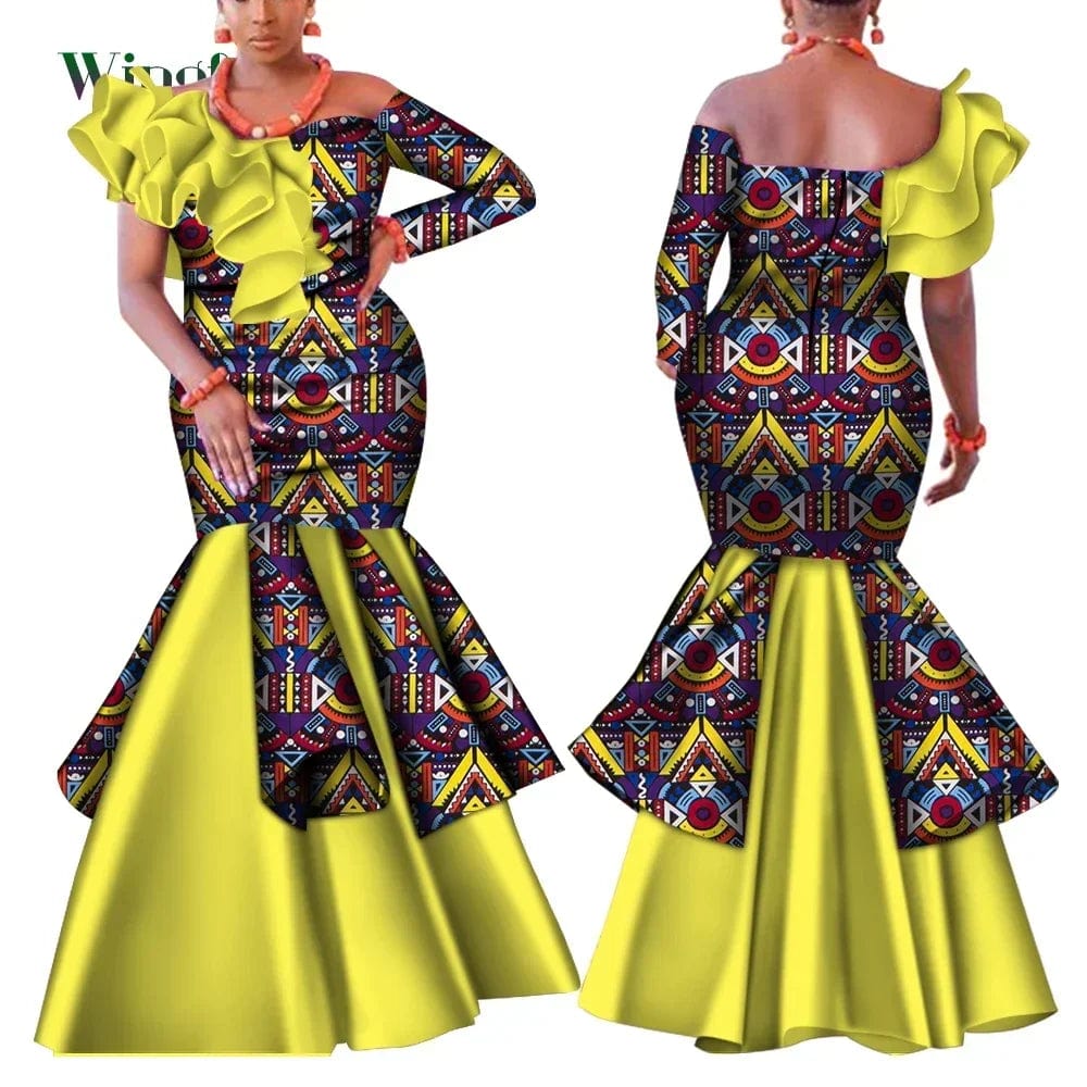 SHOWLU FASHION STORE Dashiki African Dress for Women Bazin Riche One-Shoulder Sexy Slash Neck Wedding Party Dress Traditional African Clothing WY4224