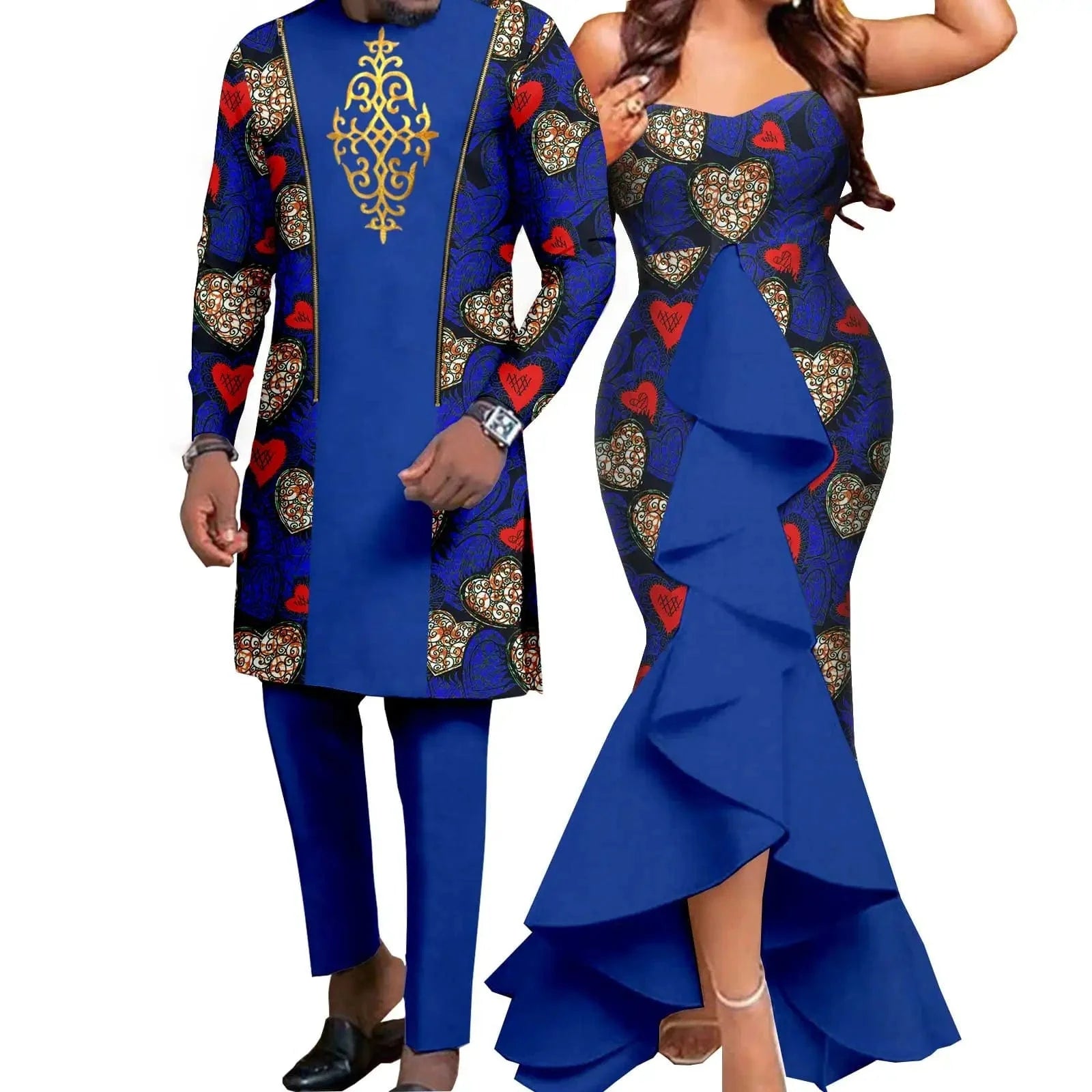 African couple wedding outfits featuring a SHOWLU FASHION STORE mermaid dress for women and matching men's pant set in vibrant dashiki print.