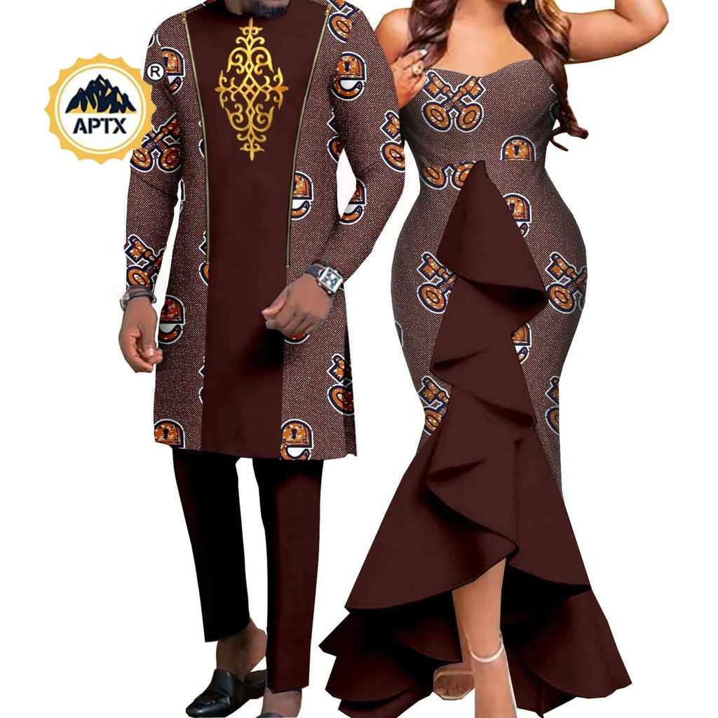 African couple wedding outfits featuring a SHOWLU FASHION STORE mermaid dress for women and matching men's pant set in dashiki style.