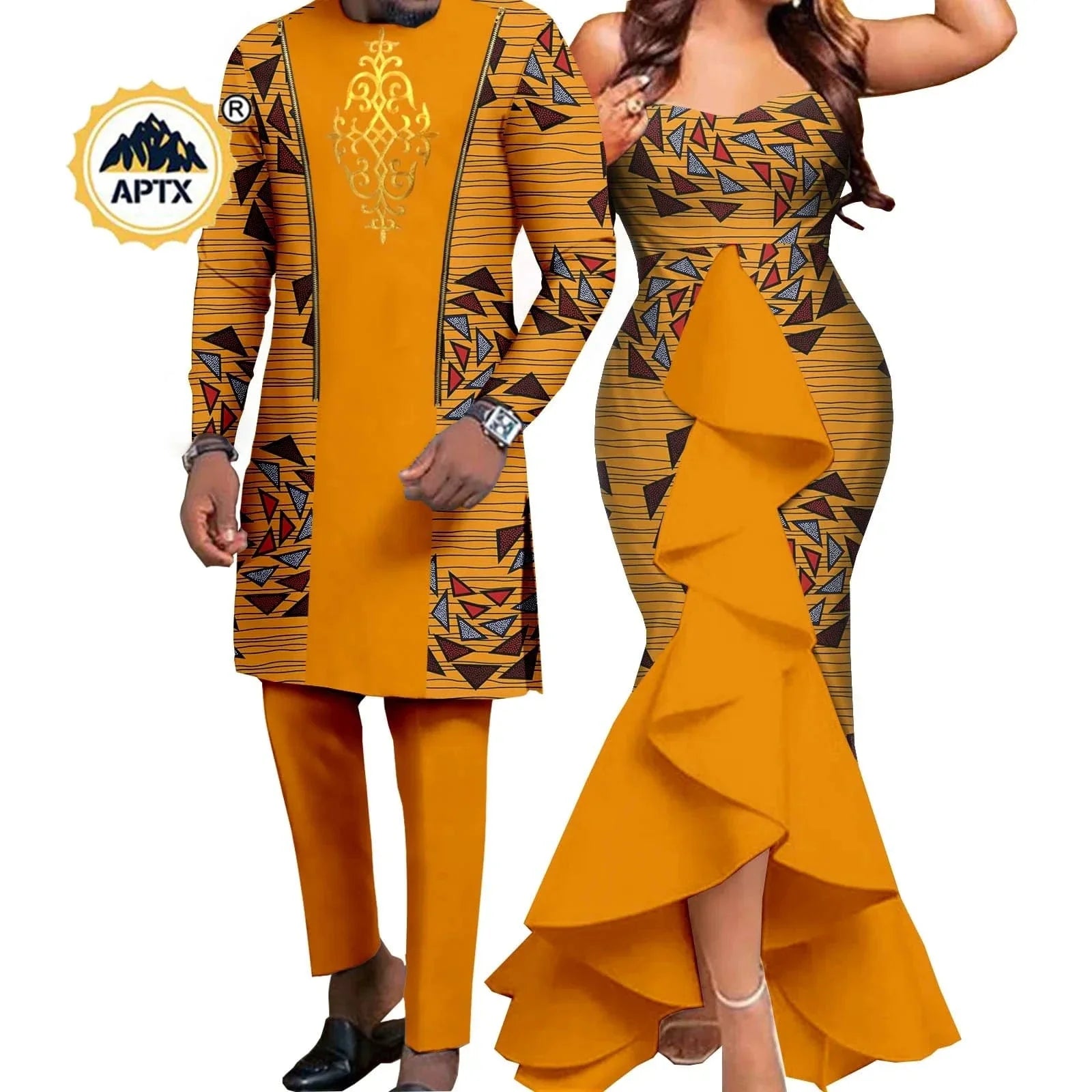 African couple wedding outfits featuring a mermaid dress for women and matching men's pant set in vibrant dashiki style by SHOWLU FASHION STORE.