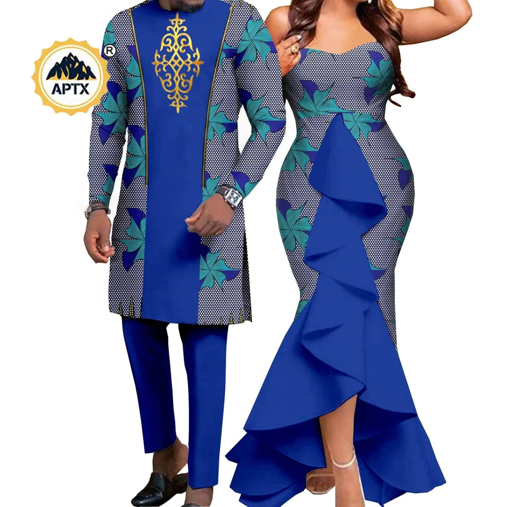 African couple outfits featuring a mermaid dress for women and a matching men's pant set for wedding by SHOWLU FASHION STORE.