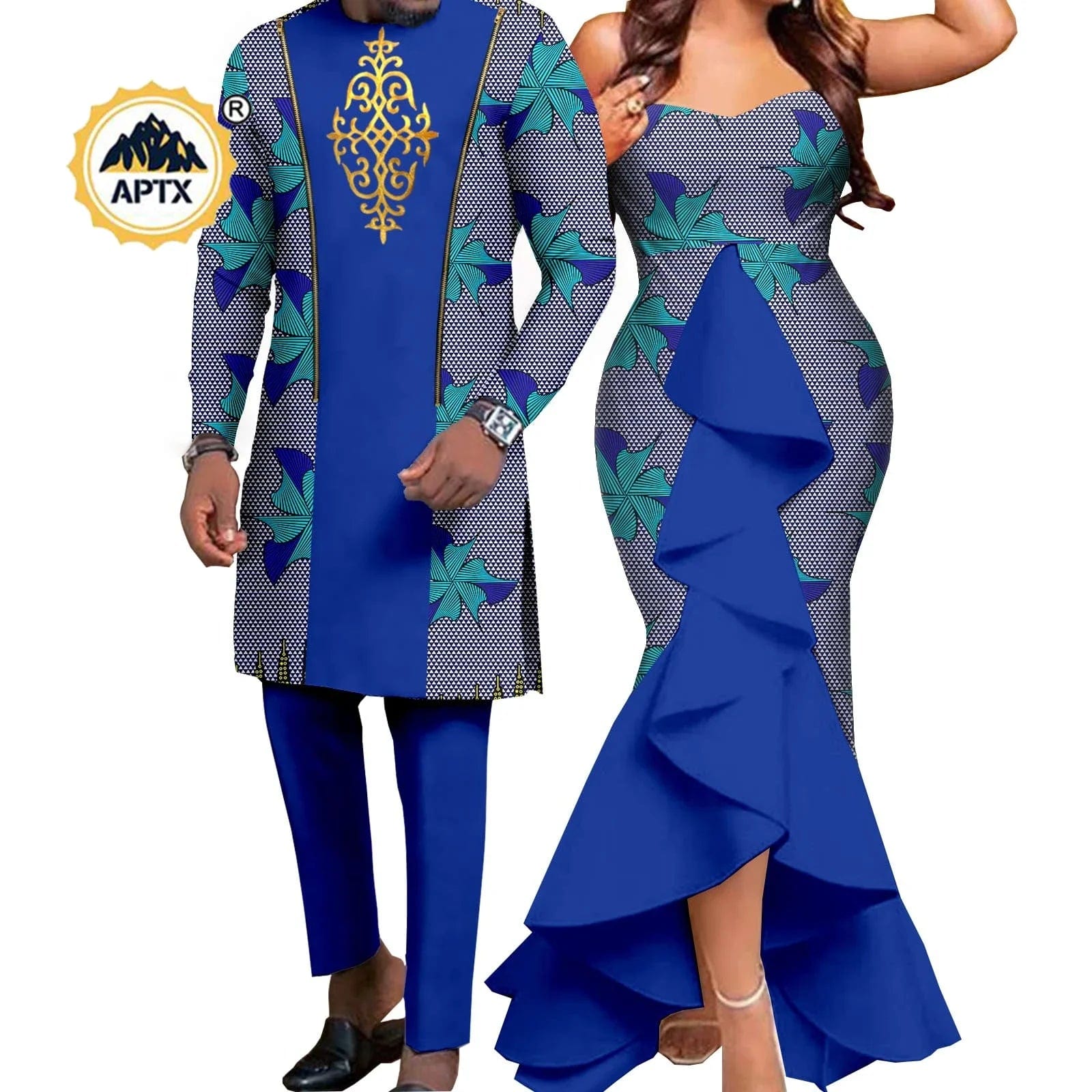 African couple outfits featuring a mermaid dress for women and a matching men's pant set for wedding by SHOWLU FASHION STORE.