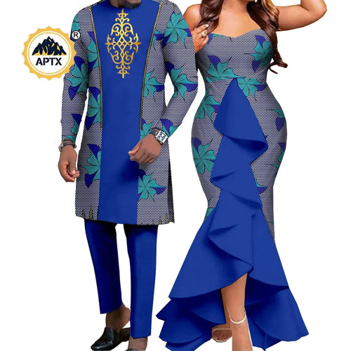 African couple outfits featuring a mermaid dress for women and a matching men's pant set for wedding by SHOWLU FASHION STORE.