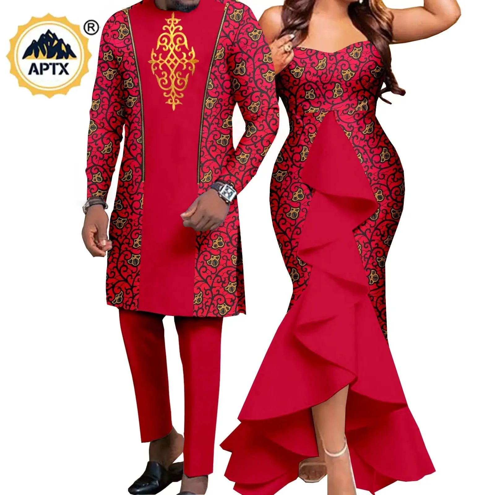 African couple outfits including a mermaid dress for women and matching men's pant set for wedding by SHOWLU FASHION STORE