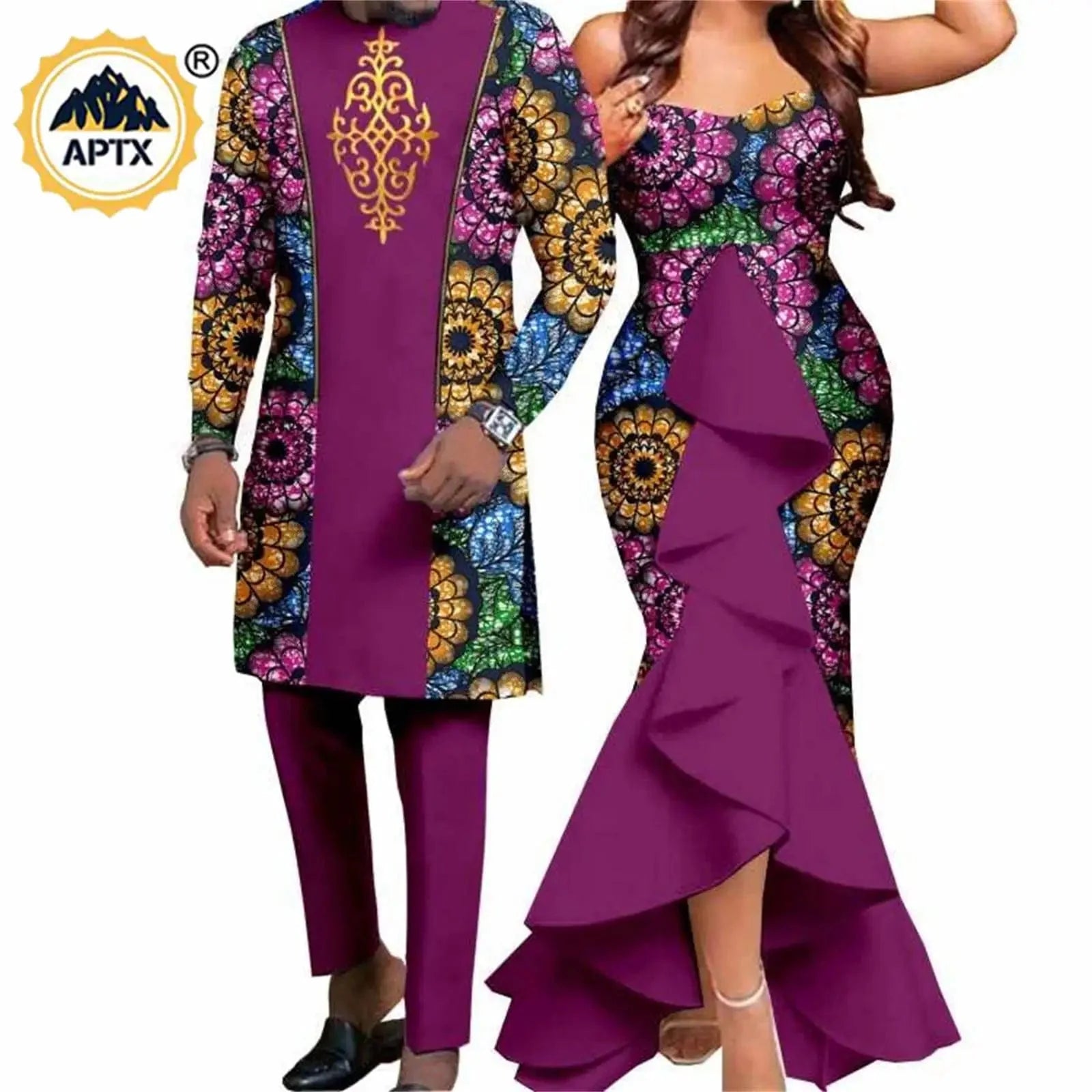 African couple outfits featuring a SHOWLU FASHION STORE mermaid dress for women and matching men's pant set for wedding celebrations.