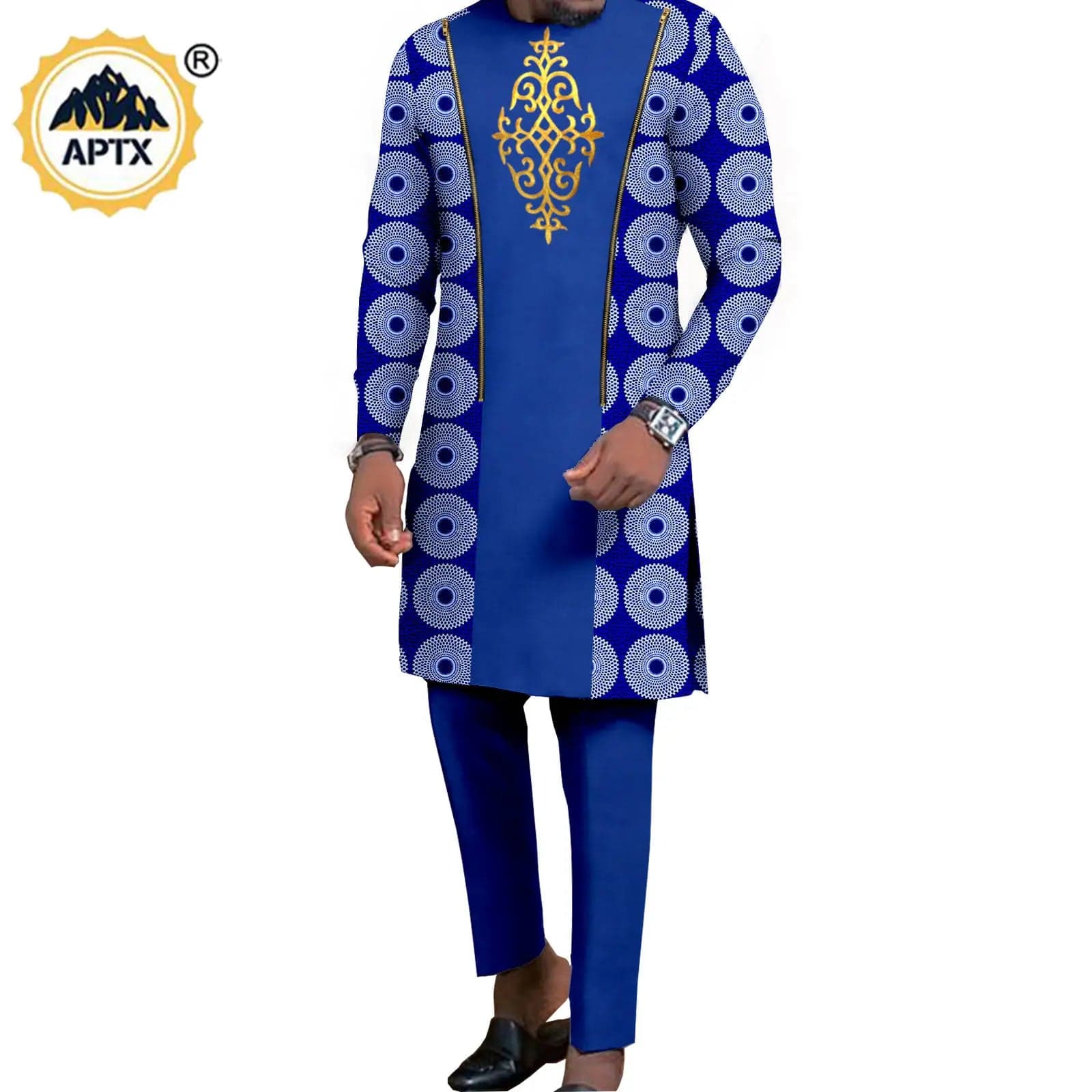 African couple wedding outfits including a mermaid dress for women and matching men's pant set in vibrant dashiki style.