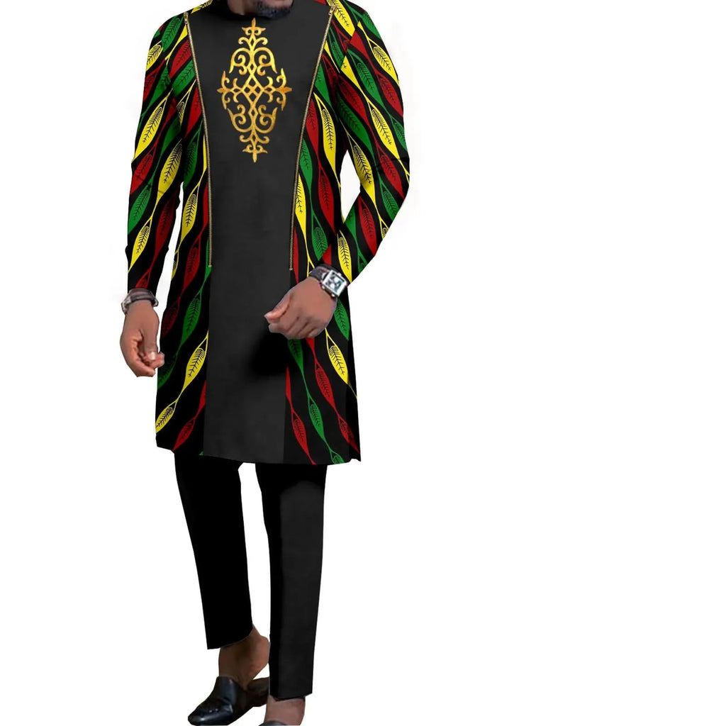 African couple wedding outfits featuring a mermaid dress for women and matching men's pant set in vibrant Dashiki design.