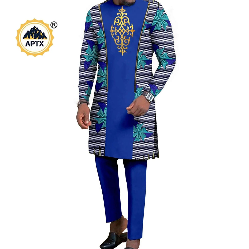 African couple outfits featuring a mermaid dress for women and matching men's pant set for wedding, traditional Dashiki design.