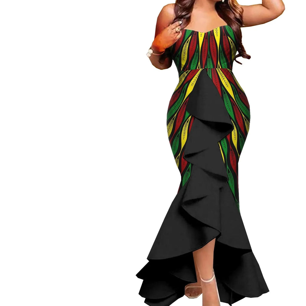 African couple outfits featuring a SHOWLU FASHION STORE mermaid dress for women and matching men's pant set for wedding.