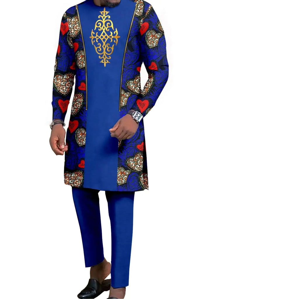 African couple wedding outfits featuring a SHOWLU FASHION STORE mermaid dress for women and matching men's pant set in colorful Dashiki style.
