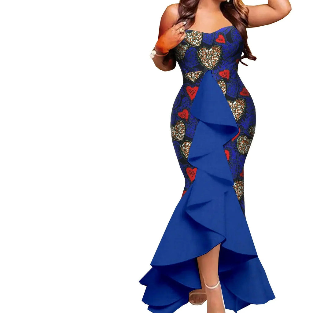 African couple wedding outfits including a mermaid dress for women and matching men's pant set, by SHOWLU FASHION STORE.
