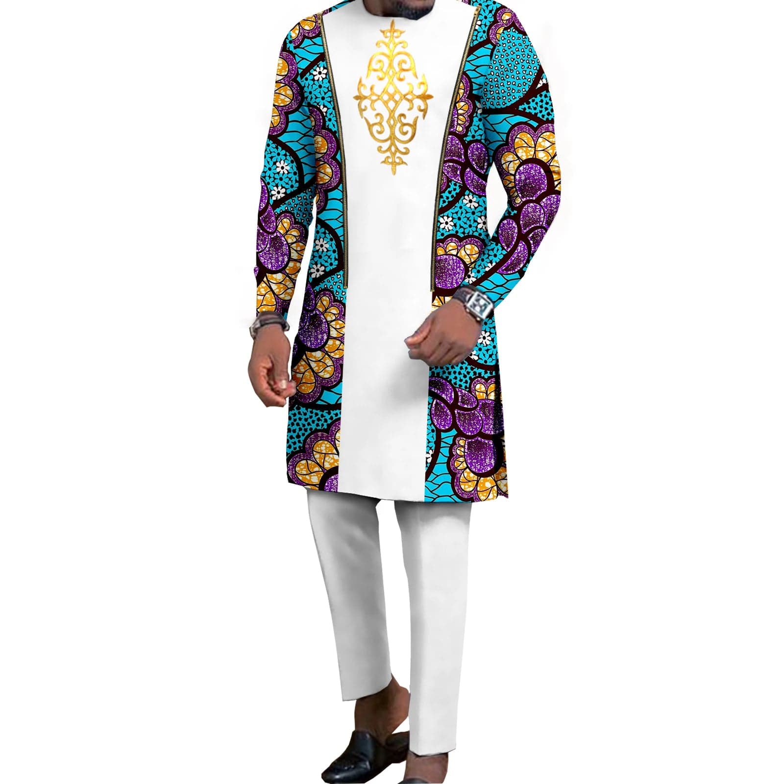 African couple wedding outfits featuring a SHOWLU FASHION STORE mermaid dress for women and matching men's pant set, vibrant traditional style.