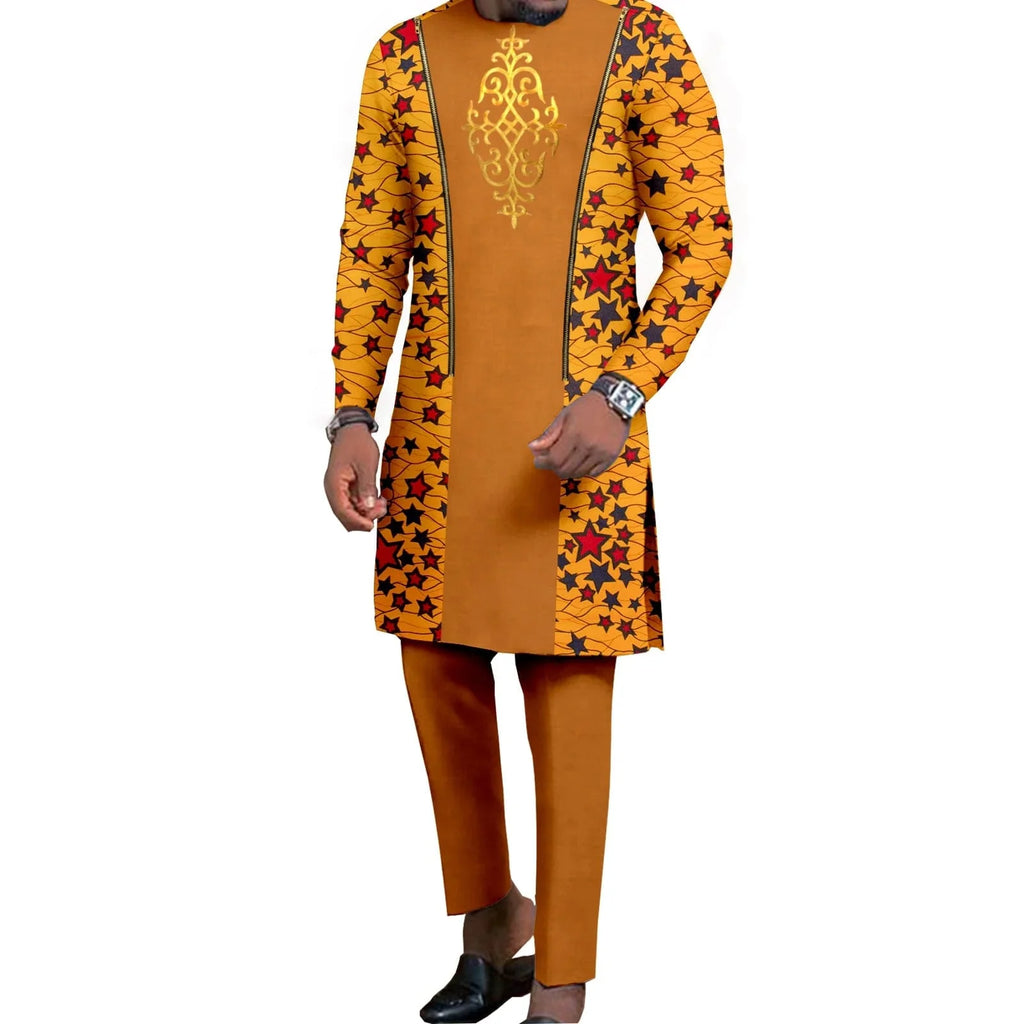 African couple wedding outfits featuring a SHOWLU FASHION STORE mermaid dress for women and matching men's pant set, dashiki style.