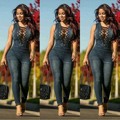  Showlu Fashion Store DEEP BLUE / S Women Denim Jumpsuits Sleeveless Lace Up Eyelet Long Pants Jeans Rompers