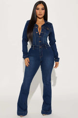  Showlu Fashion Store DEEP BLUE / XXL Fashion Women 2024 Long Sleeve Jumpsuit Slim Comfortable Casual Mid-Waist Solid Color Woman Ladies Jumpsuit Pants