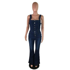  Showlu Fashion Store Deep Blue / XXXL Women Suspenders Denim Jumpsuit Wide Leg Jeans Sleeveless Button Half-open Rompers Female Fashion Casual One-piece Flared Pants