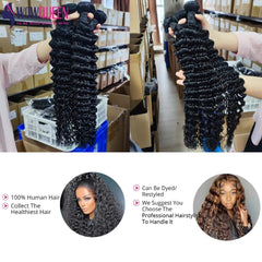 SHOWLU FASHION STORE Deep Wave Human Hair Bundles 28 30 32 Inch Raw Hair Bundles 100% Natural Deep Curly Remy Peruvian Hair Extensions 1 3 4 Deal