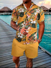 Showlu Fashion Store Deep yellow / L 2024 Men Summer Sets Print Lapel Short Sleeve Casual Shirt Beach Shorts Streetwear Vacation Hawaiian Suits Men Cothing