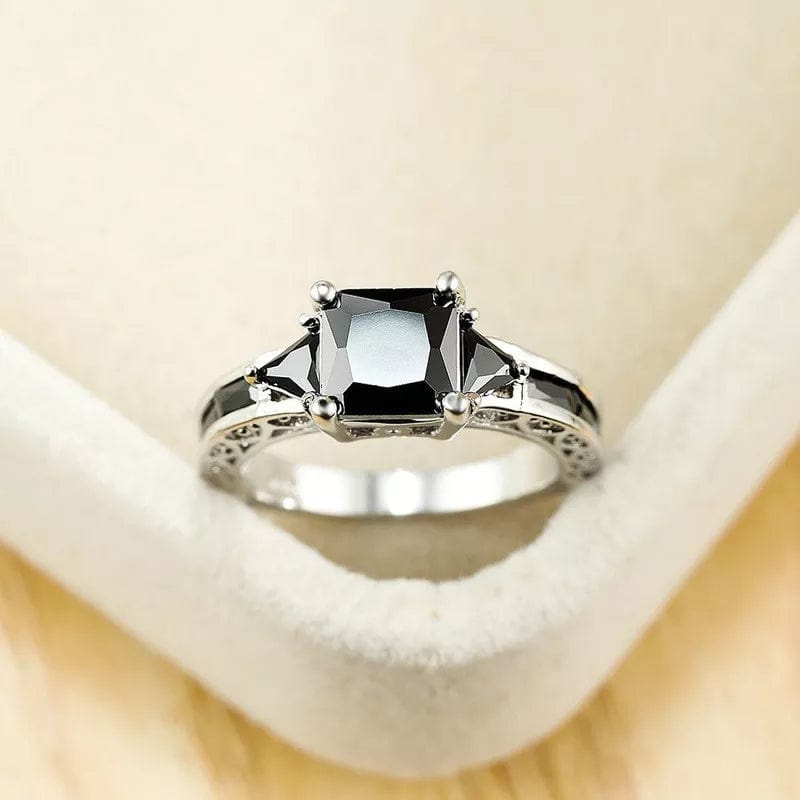  Showlu Fashion Store Delicate Silver Color Trendy Ring for Women Elegant Princess Cut Inlaid Black Zircon Stones Wedding Ring Engagement Jewelry