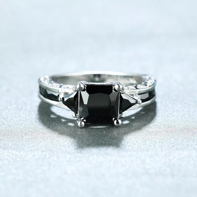  Showlu Fashion Store Delicate Silver Color Trendy Ring for Women Elegant Princess Cut Inlaid Black Zircon Stones Wedding Ring Engagement Jewelry