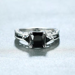  Showlu Fashion Store Delicate Silver Color Trendy Ring for Women Elegant Princess Cut Inlaid Black Zircon Stones Wedding Ring Engagement Jewelry