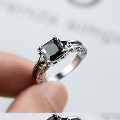  Showlu Fashion Store Delicate Silver Color Trendy Ring for Women Elegant Princess Cut Inlaid Black Zircon Stones Wedding Ring Engagement Jewelry