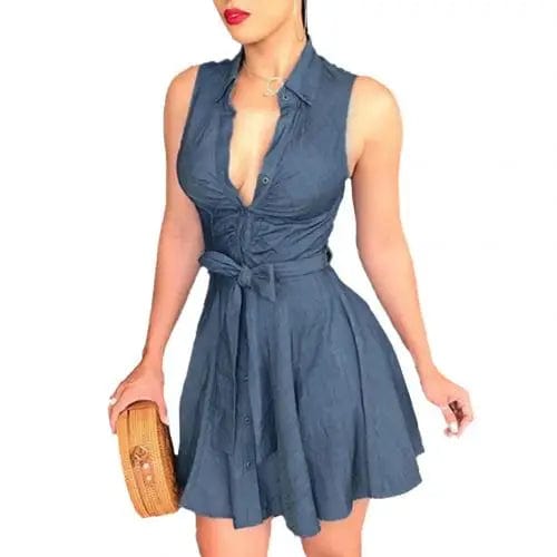  Showlu Fashion Store Denim Blue B / L Vintage Black Polka Dot Dress