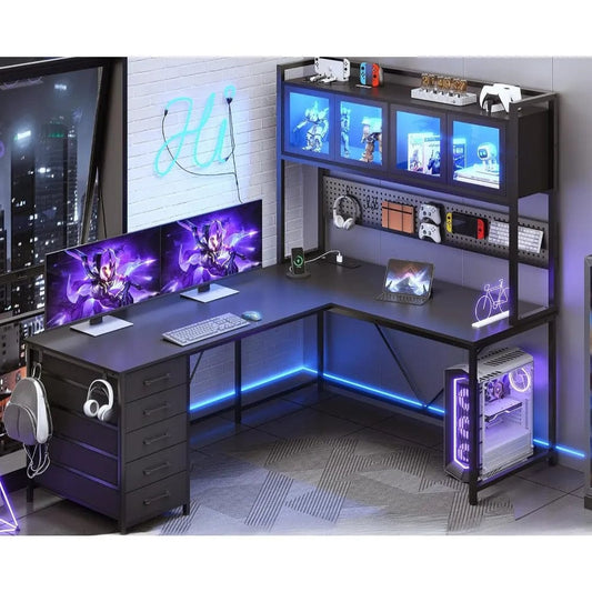 SHOWLU FASHION STORE Desk, L Shaped Gaming Desk with Drawers, L Shaped Computer Desk with Hutch and Storage Shelves, Desk with Pegboard, Led Lights