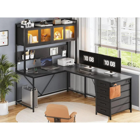 SHOWLU FASHION STORE Desk, L Shaped Gaming Desk with Drawers, L Shaped Computer Desk with Hutch and Storage Shelves, Desk with Pegboard, Led Lights