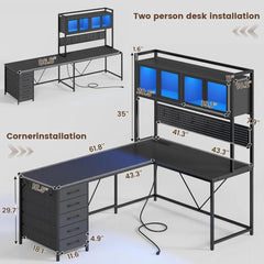 SHOWLU FASHION STORE Desk, L Shaped Gaming Desk with Drawers, L Shaped Computer Desk with Hutch and Storage Shelves, Desk with Pegboard, Led Lights