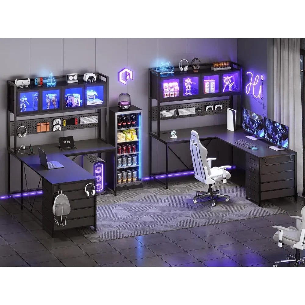 SHOWLU FASHION STORE Desk, L Shaped Gaming Desk with Drawers, L Shaped Computer Desk with Hutch and Storage Shelves, Desk with Pegboard, Led Lights