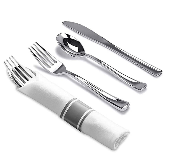 Showlu Rose Gold disposable plastic cutlery set with knife, fork, spoon, and napkins for party tableware.